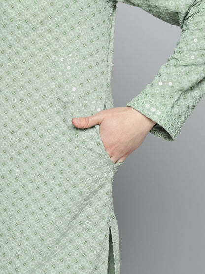 Jompers Men's Green Chikankari Embroidered and Sequence Kurta with Churidar