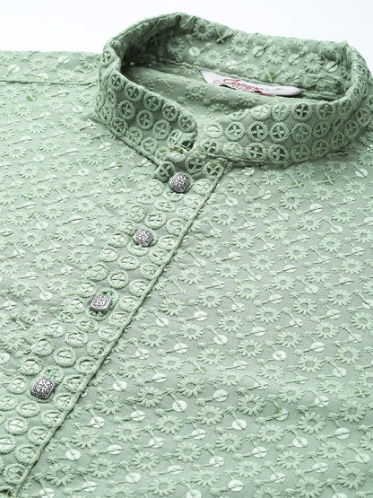 Jompers Men's Green Chikankari Embroidered and Sequence Kurta with Churidar