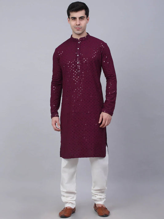Jompers Men's Purple Chikankari Embroidered and Sequence Kurta with Churidar