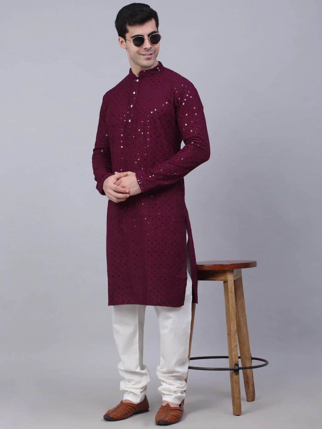 Jompers Men's Purple Chikankari Embroidered and Sequence Kurta with Churidar