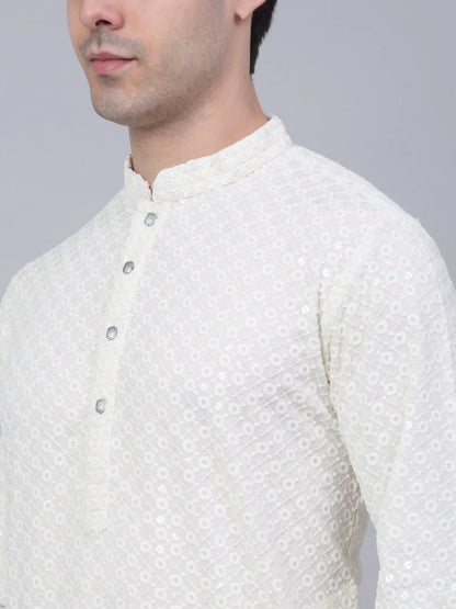 Jompers Men's White Chikankari Embroidered and Sequence Kurta with Churidar