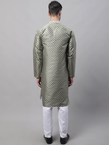 Jompers Men's Green Printed Silk Blend Kurta Payjama