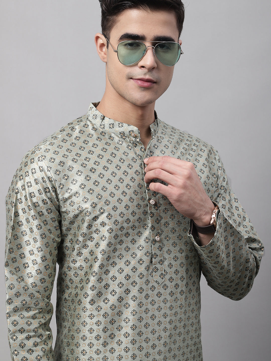 Jompers Men's Green Printed Silk Blend Kurta Payjama