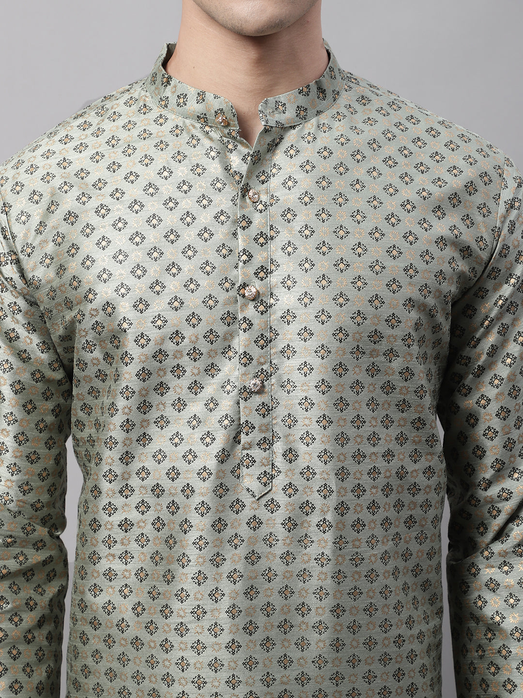 Jompers Men's Green Printed Silk Blend Kurta Payjama