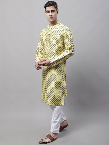 Jompers Men's Yellow Printed Silk Blend Kurta Payjama