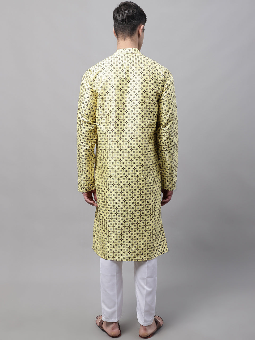Jompers Men's Yellow Printed Silk Blend Kurta Payjama