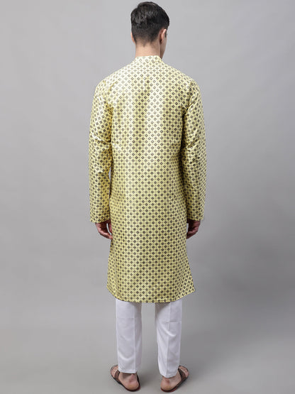 Jompers Men's Yellow Printed Silk Blend Kurta Payjama