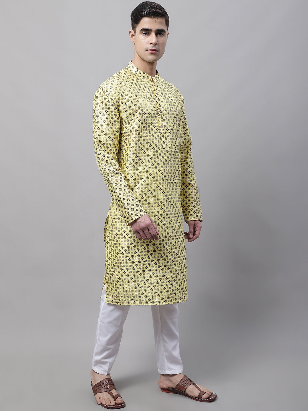 Jompers Men's Yellow Printed Silk Blend Kurta Payjama