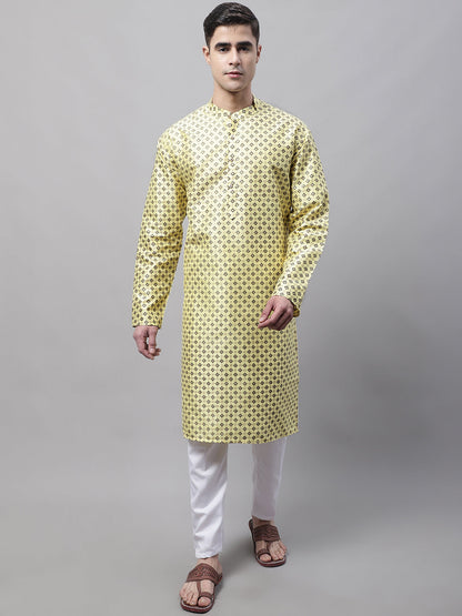 Jompers Men's Yellow Printed Silk Blend Kurta Payjama