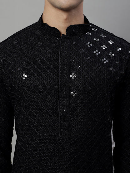 Jompers Men's Black Chikankari Embroidered and Sequence Kurta