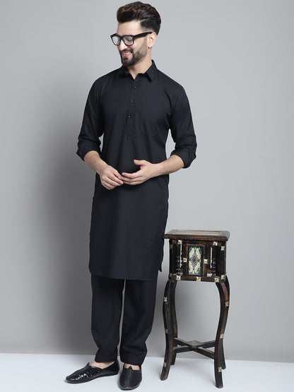 Jompers Men's Black Cotton Solid Pathani Kurta with Salwar