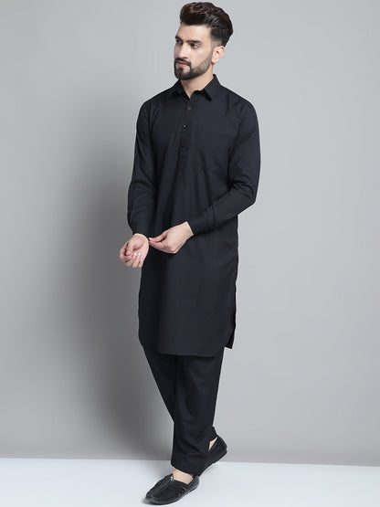 Jompers Men's Black Cotton Solid Pathani Kurta with Salwar