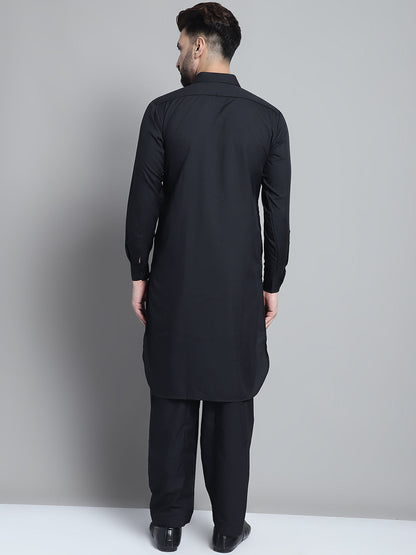 Jompers Men's Black Cotton Solid Pathani Kurta with Salwar