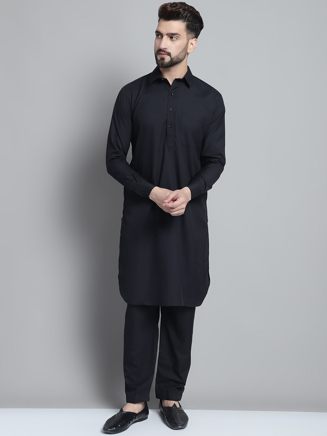 Jompers Men's Black Cotton Solid Pathani Kurta with Salwar