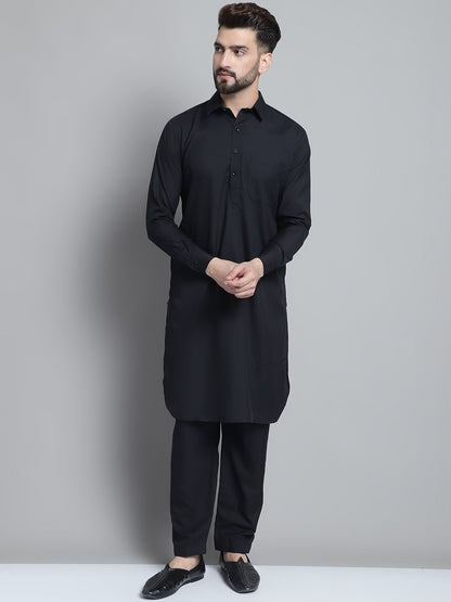 Jompers Men's Black Cotton Solid Pathani Kurta with Salwar