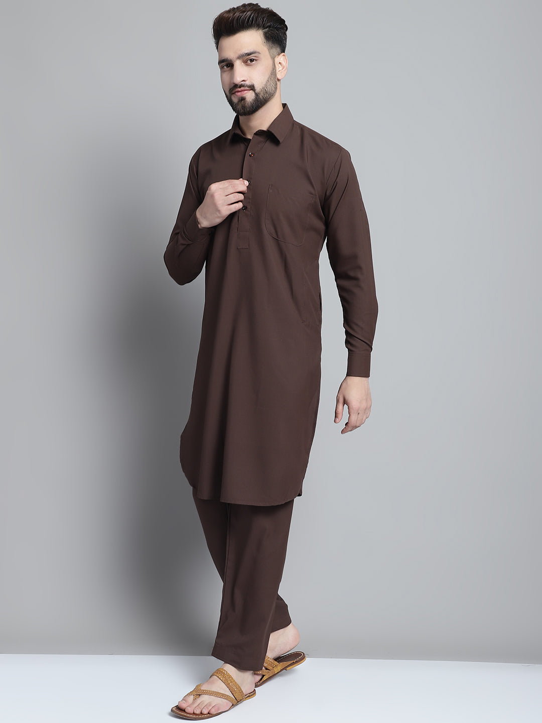 Jompers Men's Coffee Brown Cotton Solid Pathani Kurta with Salwar