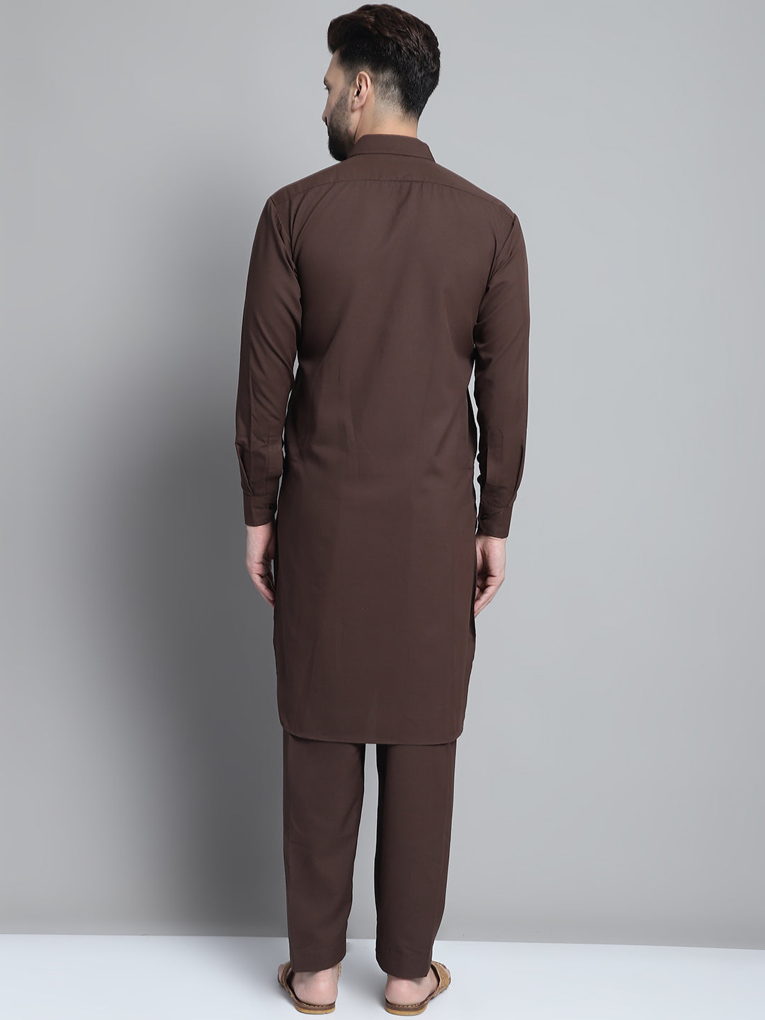 Jompers Men's Coffee Brown Cotton Solid Pathani Kurta with Salwar