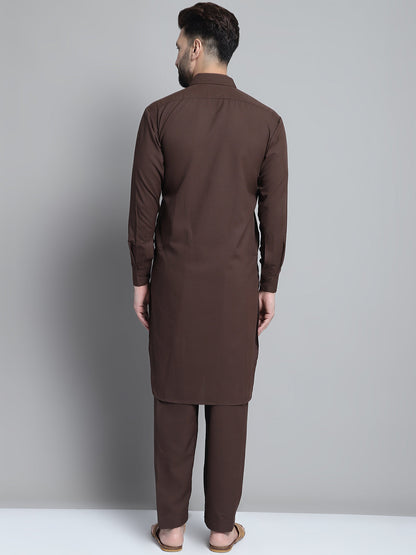 Jompers Men's Coffee Brown Cotton Solid Pathani Kurta with Salwar