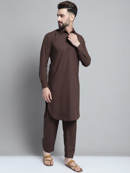 Jompers Men's Coffee Brown Cotton Solid Pathani Kurta with Salwar