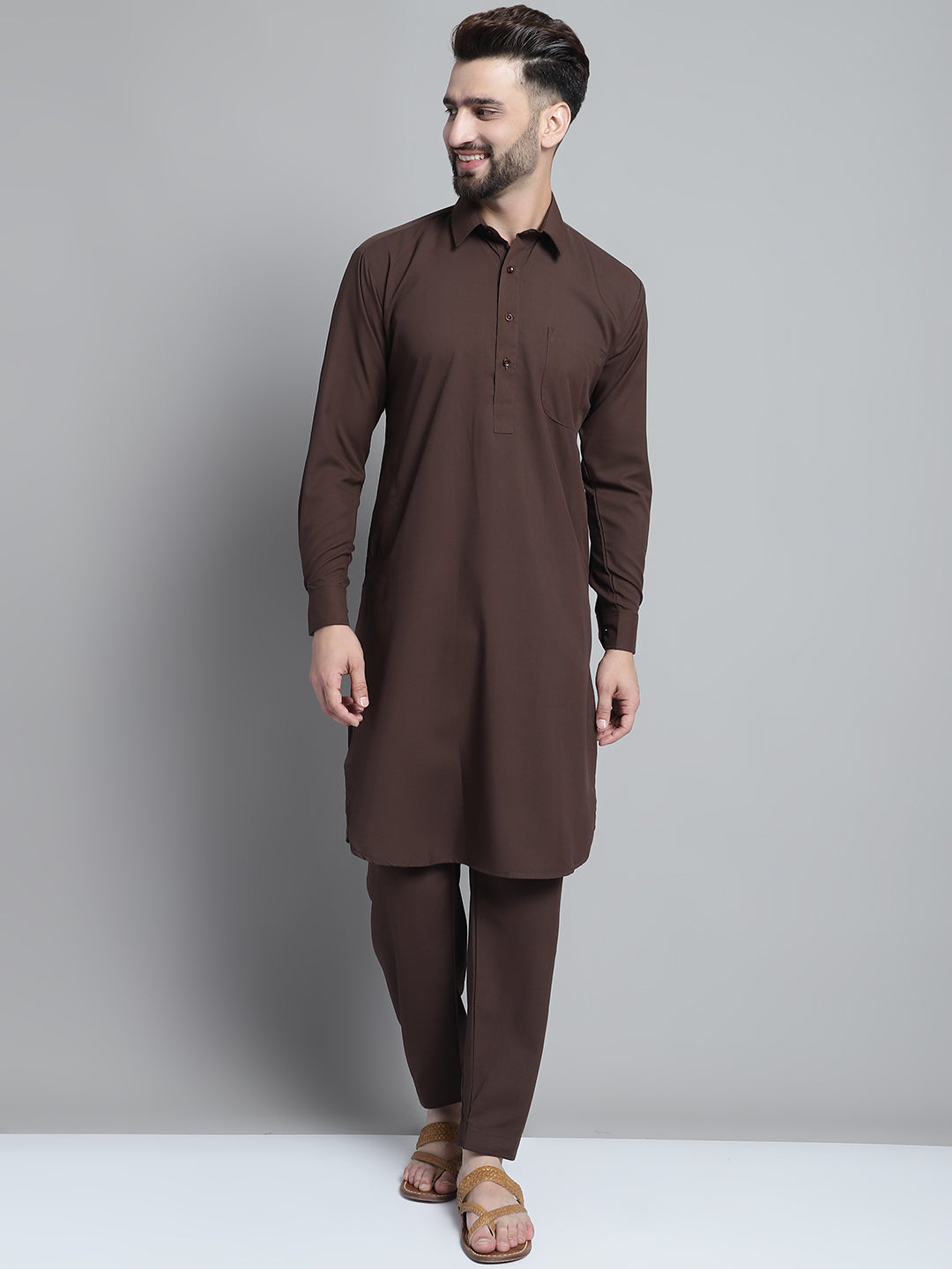 Jompers Men's Coffee Brown Cotton Solid Pathani Kurta with Salwar