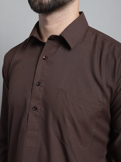 Jompers Men's Coffee Brown Cotton Solid Pathani Kurta with Salwar