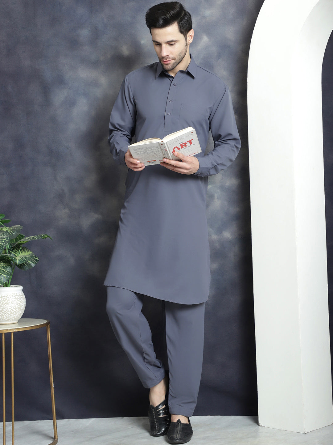 Jompers Men's Solid Pathani Kurta with Salwar - Grey