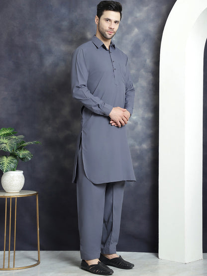 Jompers Men's Solid Pathani Kurta with Salwar - Grey