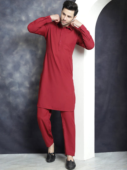 Jompers Men's Solid Pathani Kurta with Salwar - Maroon