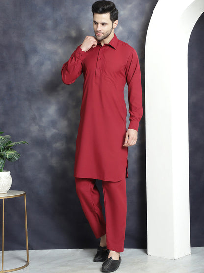Jompers Men's Solid Pathani Kurta with Salwar - Maroon