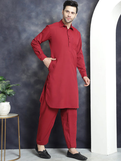Jompers Men's Solid Pathani Kurta with Salwar - Maroon