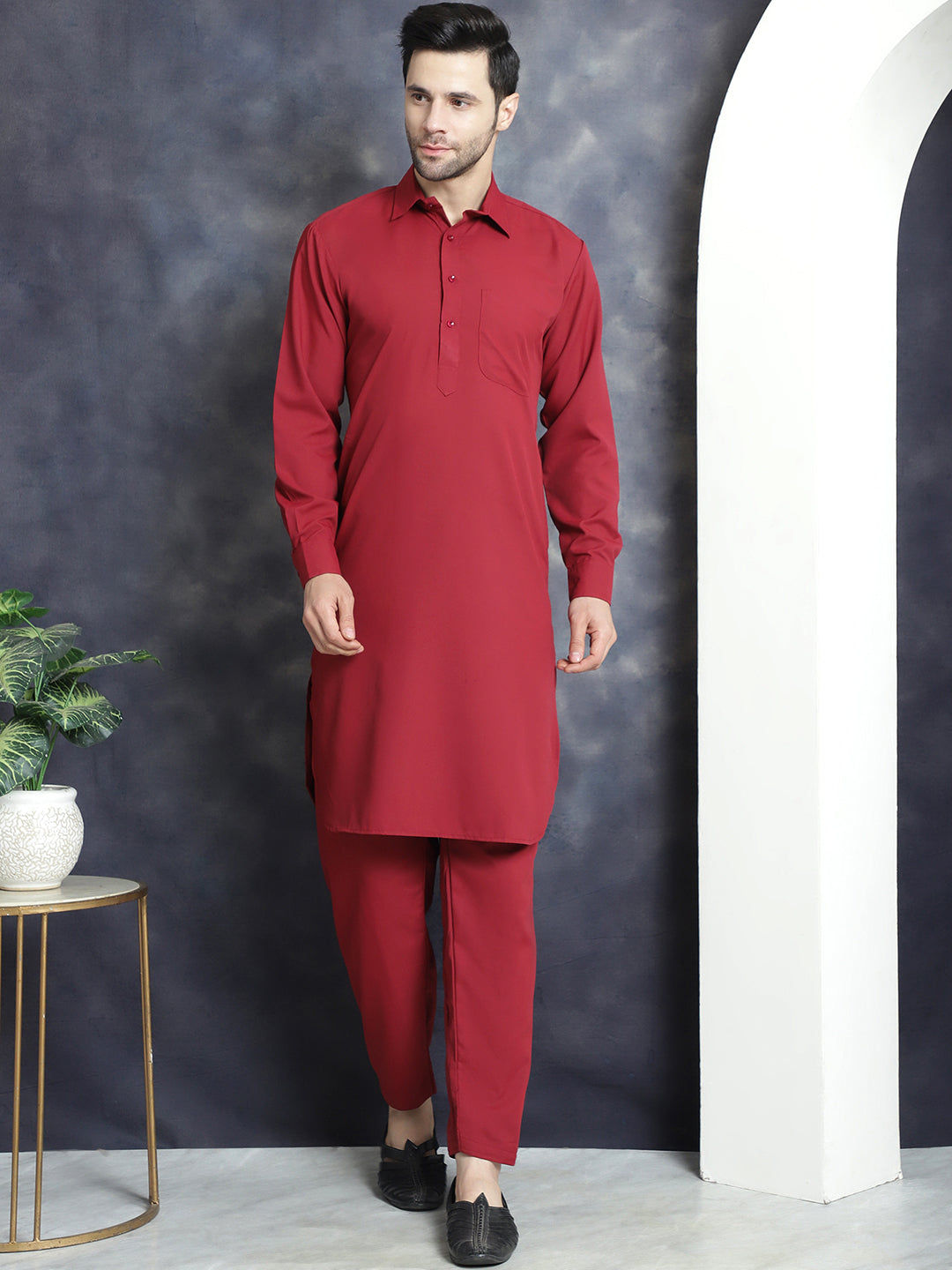 Jompers Men's Solid Pathani Kurta with Salwar - Maroon