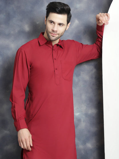 Jompers Men's Solid Pathani Kurta with Salwar - Maroon