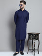 Jompers Men's Navy Blue Cotton Solid Pathani Kurta with Salwar