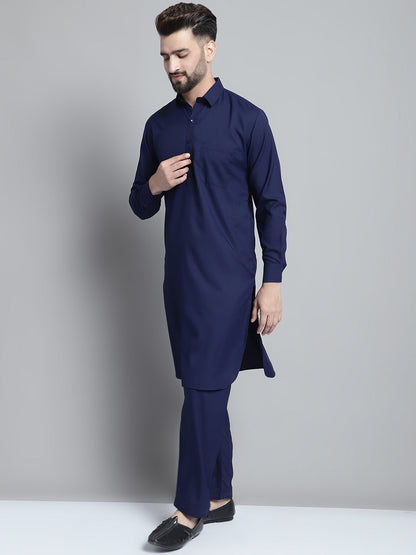 Jompers Men's Navy Blue Cotton Solid Pathani Kurta with Salwar
