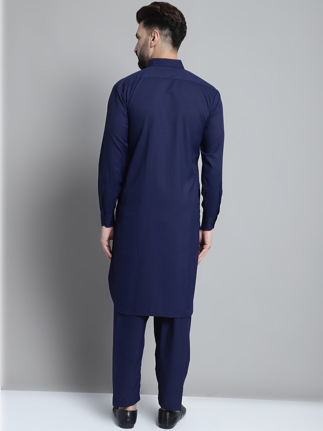 Jompers Men's Navy Blue Cotton Solid Pathani Kurta with Salwar