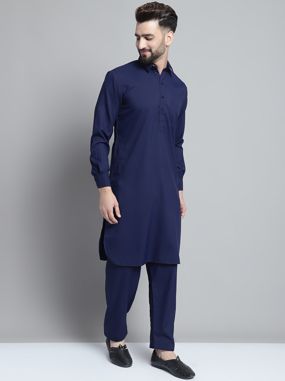 Jompers Men's Navy Blue Cotton Solid Pathani Kurta with Salwar