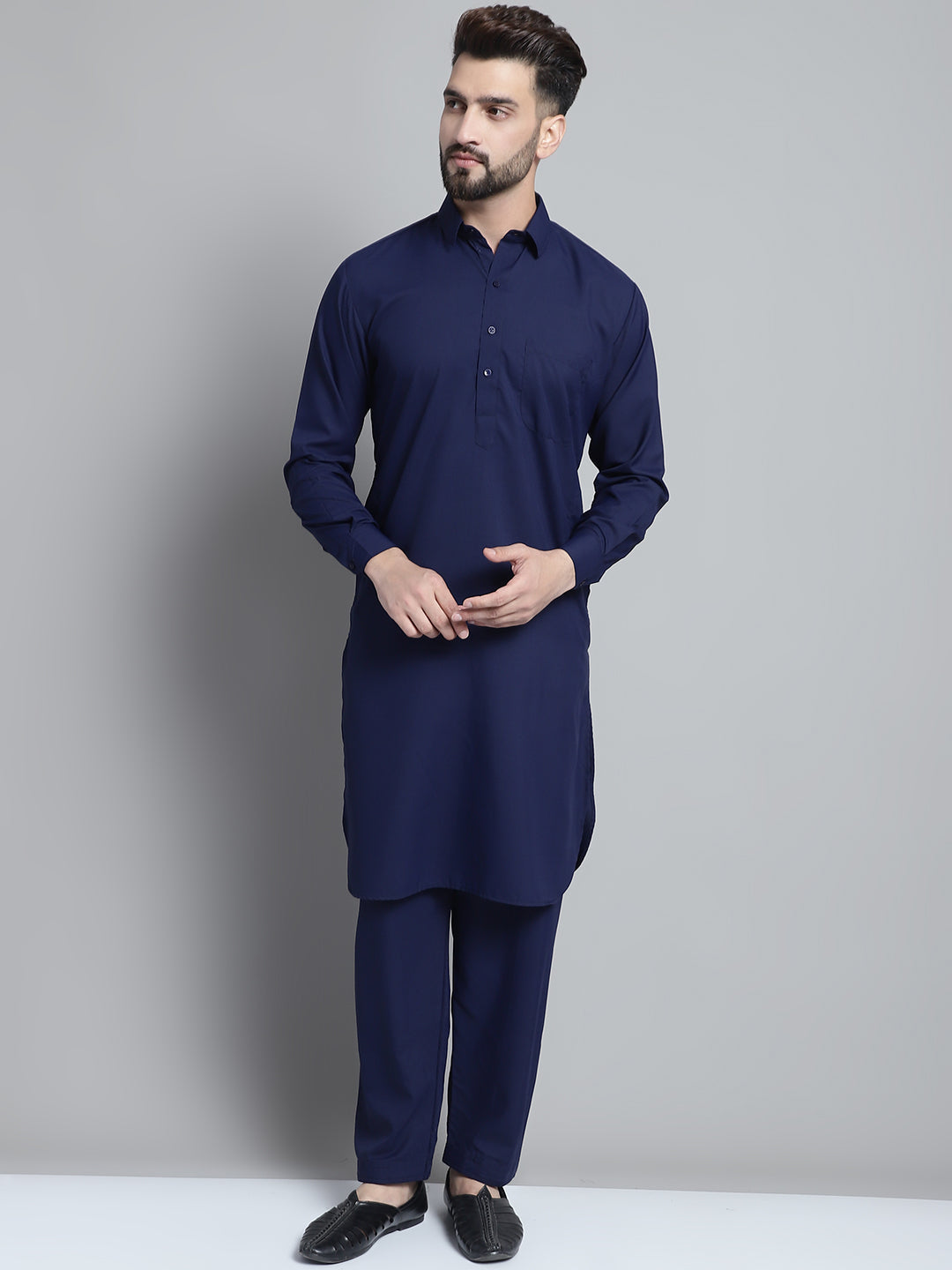 Jompers Men's Navy Blue Cotton Solid Pathani Kurta with Salwar