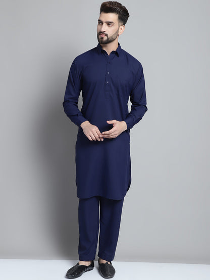 Jompers Men's Navy Blue Cotton Solid Pathani Kurta with Salwar