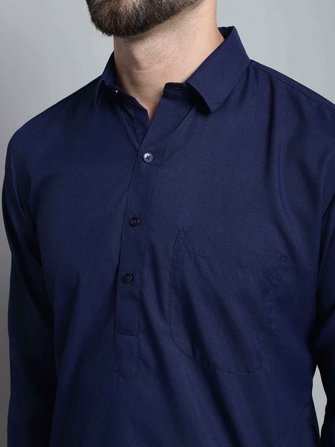 Jompers Men's Navy Blue Cotton Solid Pathani Kurta with Salwar