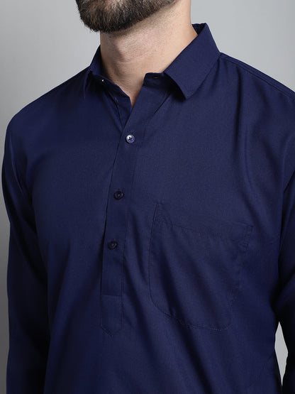 Jompers Men's Navy Blue Cotton Solid Pathani Kurta with Salwar