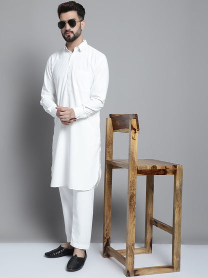 Jompers Men's White Cotton Solid Pathani Kurta with Salwar