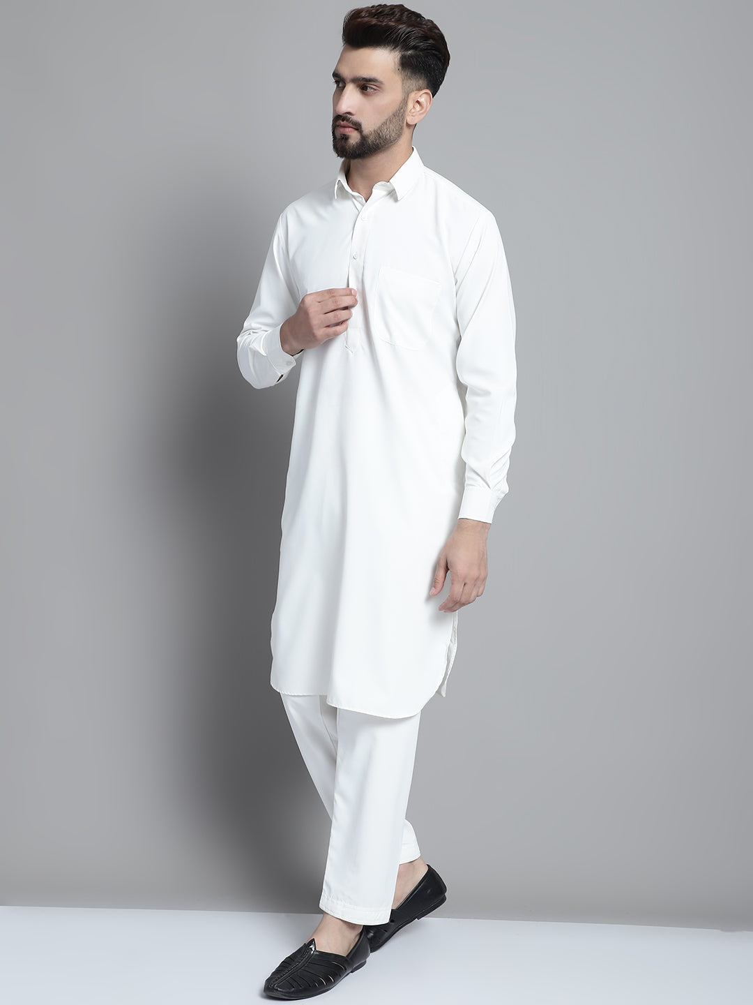 Jompers Men's White Cotton Solid Pathani Kurta with Salwar