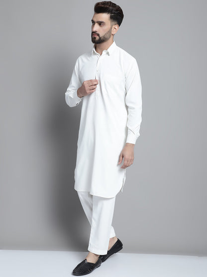 Jompers Men's White Cotton Solid Pathani Kurta with Salwar