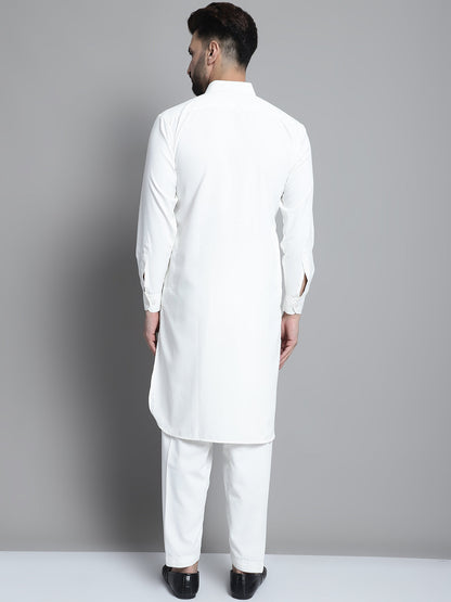 Jompers Men's White Cotton Solid Pathani Kurta with Salwar