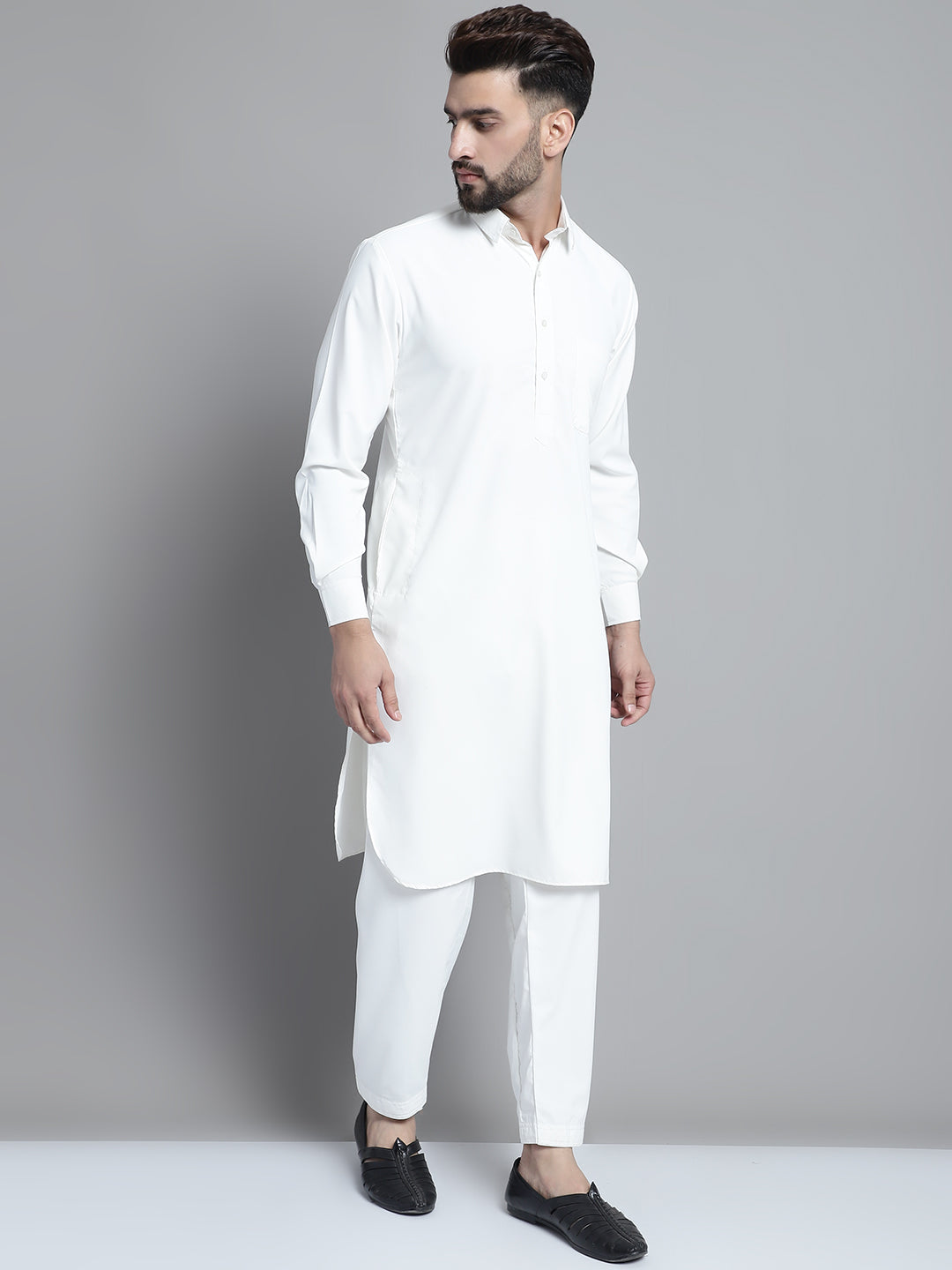 Jompers Men's White Cotton Solid Pathani Kurta with Salwar