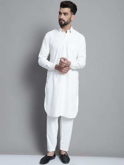 Jompers Men's White Cotton Solid Pathani Kurta with Salwar