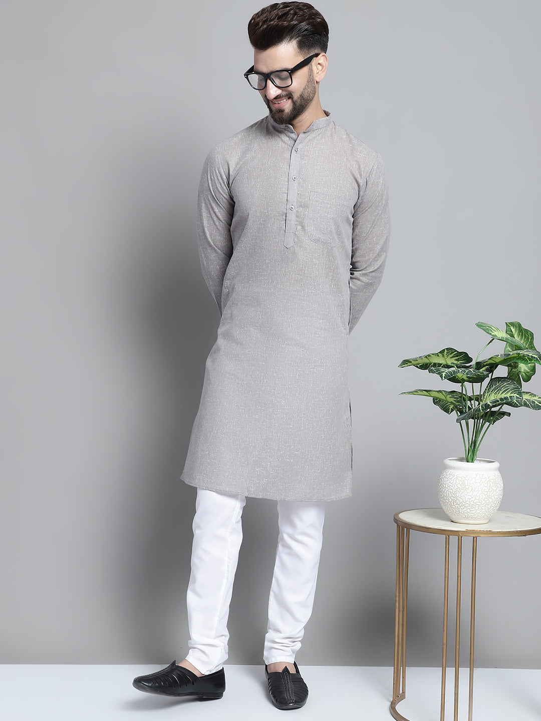 Jompers Men's Solid Pure Cotton Kurta With Pyjamas - Grey
