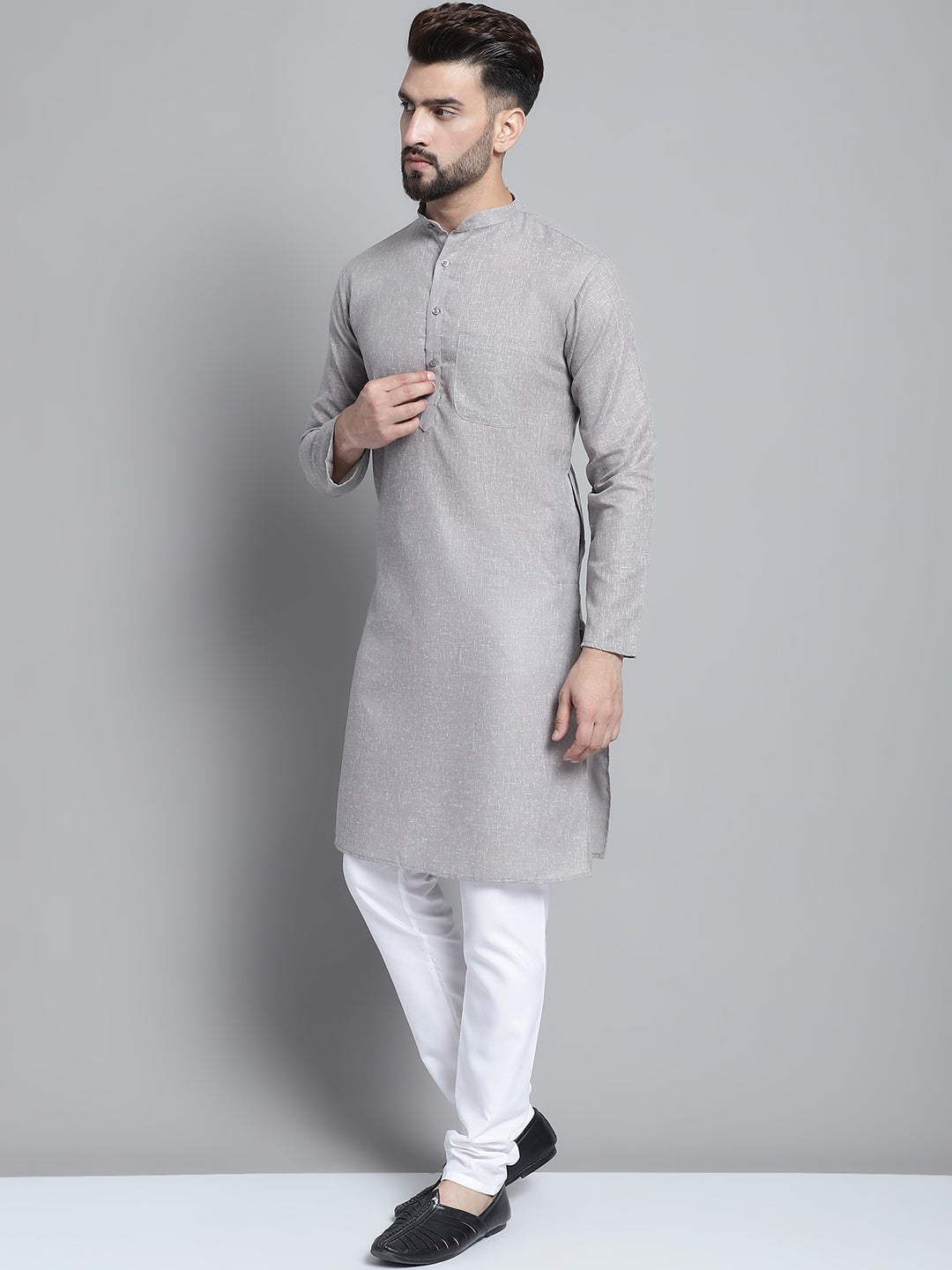 Jompers Men's Solid Pure Cotton Kurta With Pyjamas - Grey