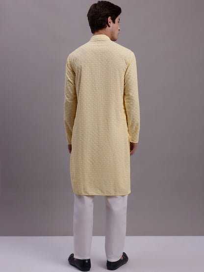 Jompers Men's Yellow Chikankari Embroidered and Sequence Kurta with Pyjama
