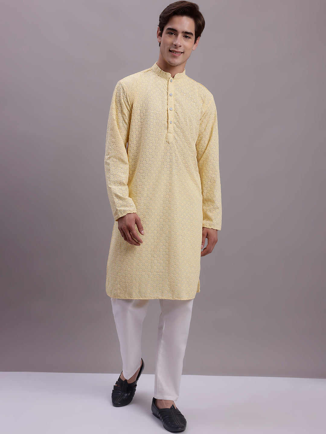 Jompers Men's Yellow Chikankari Embroidered and Sequence Kurta with Pyjama